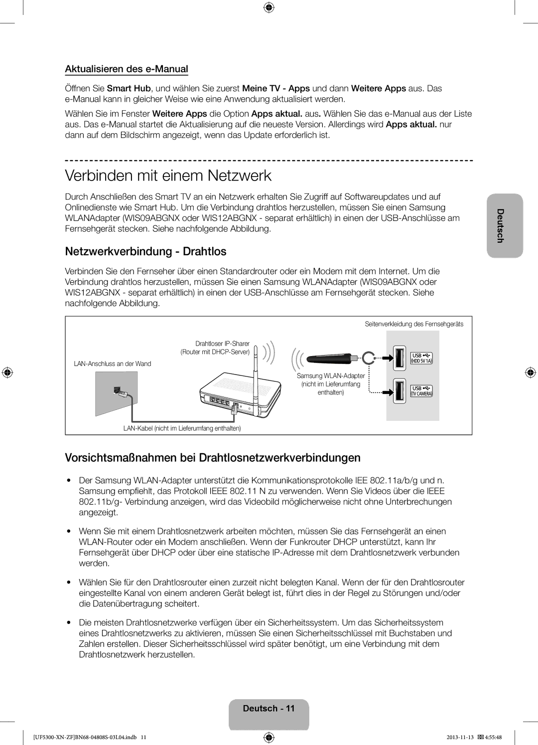 Samsung UE32F5300AWXZF manual Verbinden mit einem Netzwerk, Netzwerkverbindung Drahtlos, Aktualisieren des e-Manual 