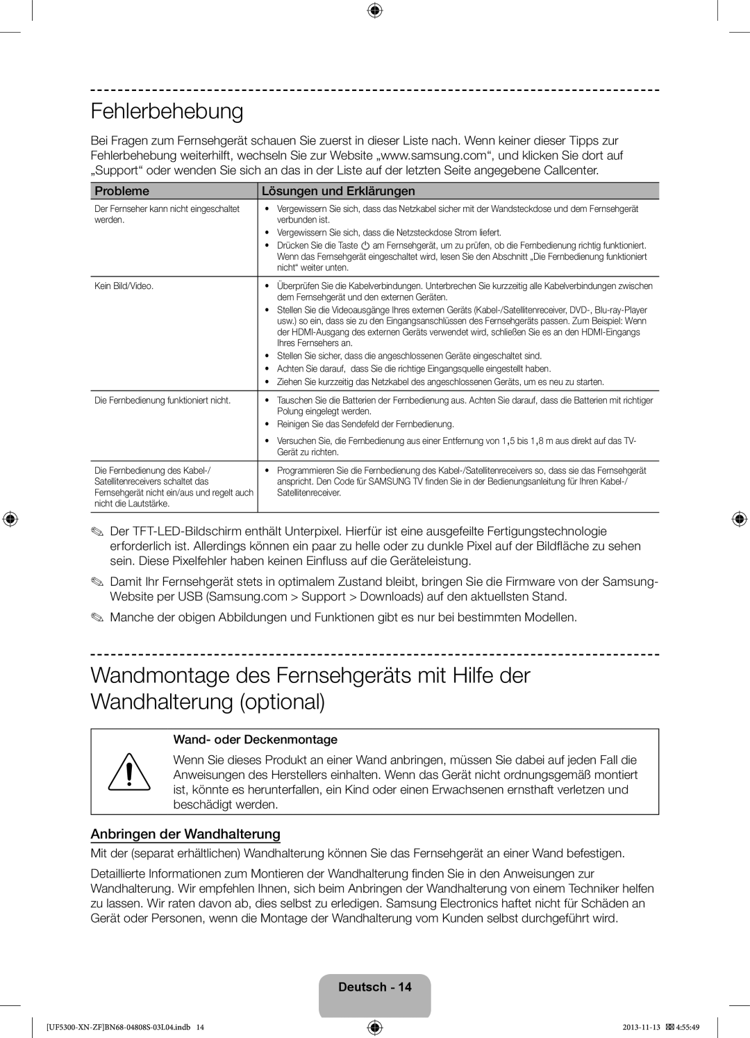 Samsung UE32F5300AWXZF manual Fehlerbehebung, Anbringen der Wandhalterung 