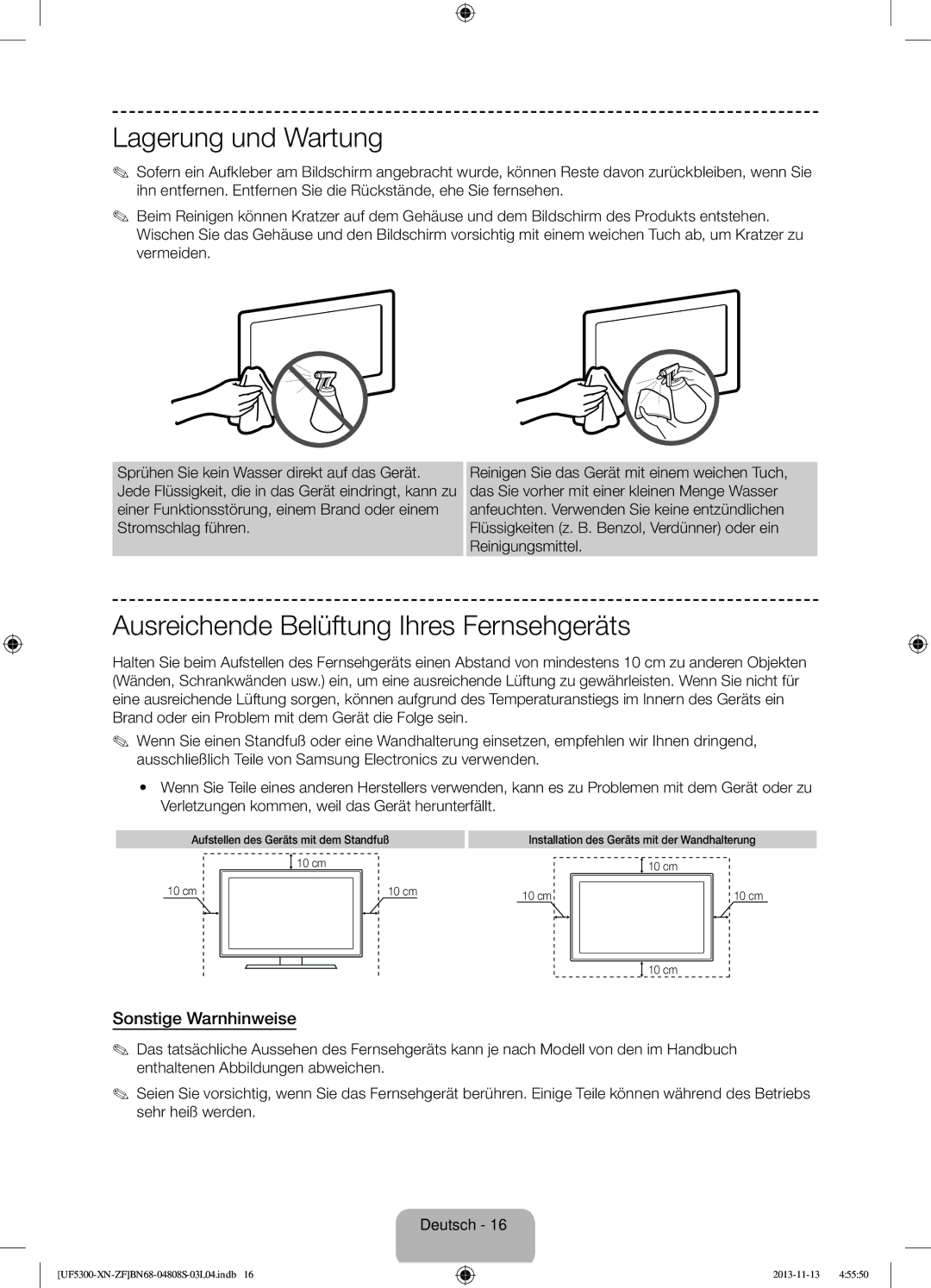 Samsung UE32F5300AWXZF manual Lagerung und Wartung, Ausreichende Belüftung Ihres Fernsehgeräts, Sonstige Warnhinweise 