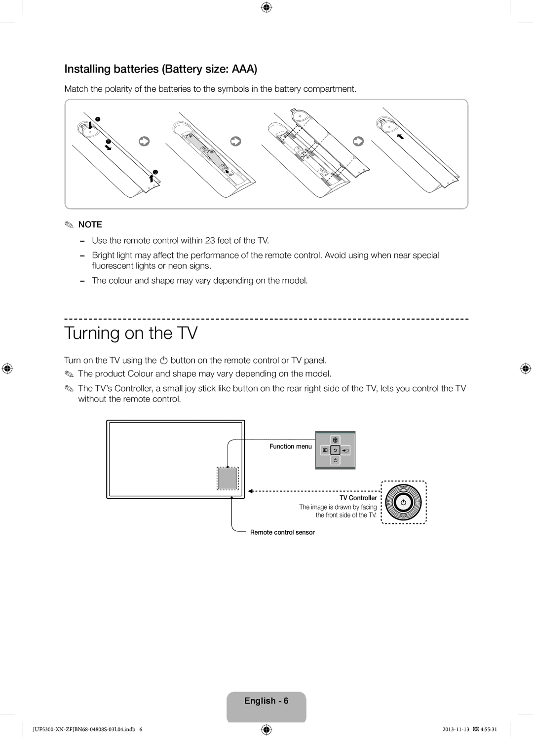 Samsung UE32F5300AWXZF manual Turning on the TV, Installing batteries Battery size AAA, Function menu TV Controller 