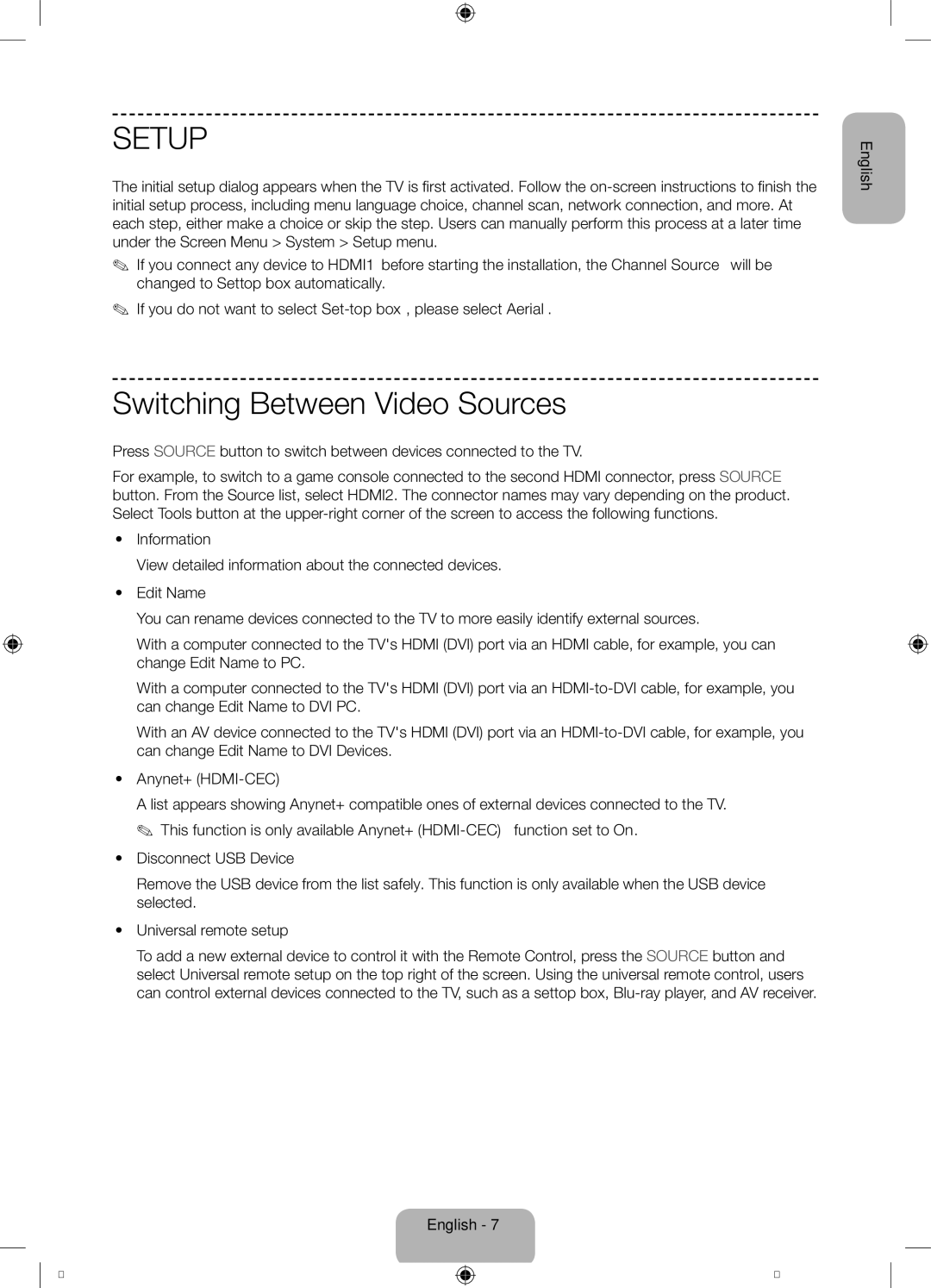 Samsung UE32F5300AWXZF manual Setup, Switching Between Video Sources 