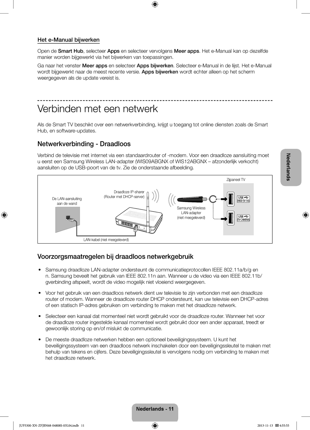 Samsung UE32F5300AWXZF manual Verbinden met een netwerk, Netwerkverbinding Draadloos, Het e-Manual bijwerken 