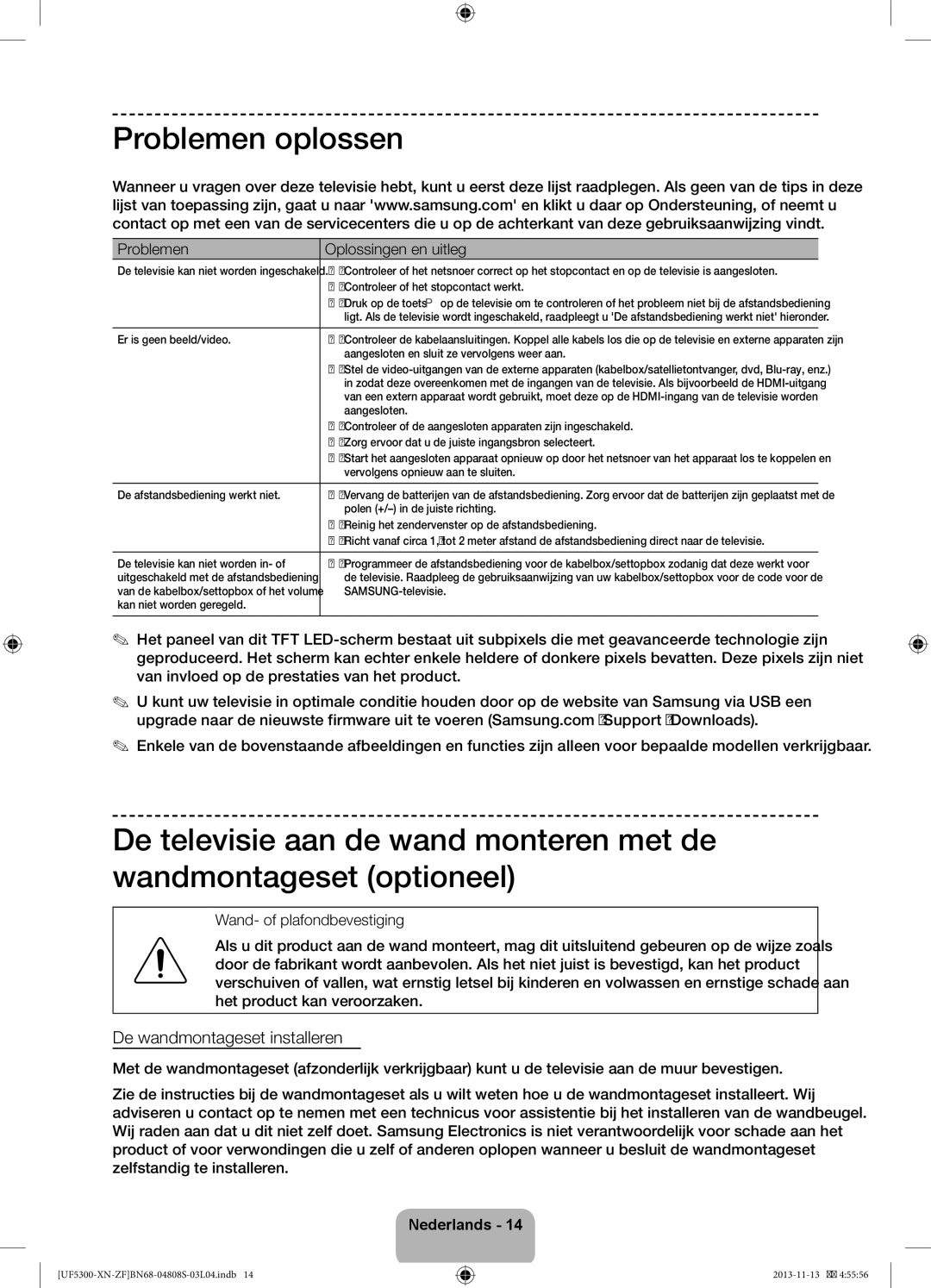 Samsung UE32F5300AWXZF manual Problemen oplossen, De wandmontageset installeren 