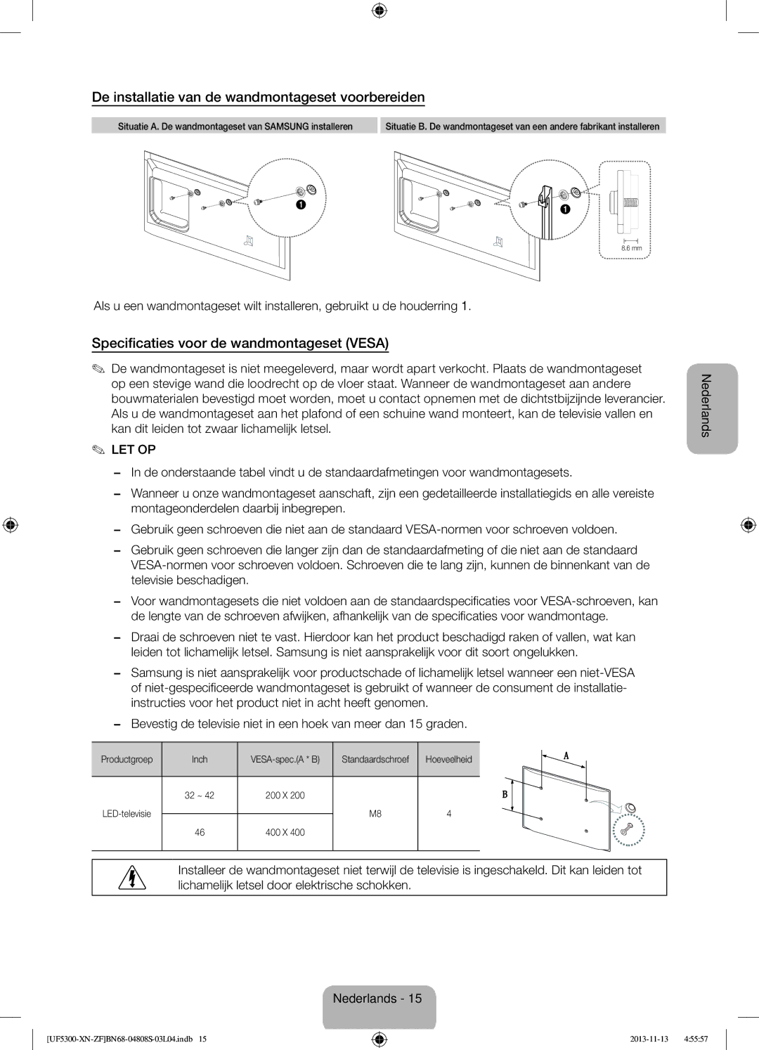 Samsung UE32F5300AWXZF manual De installatie van de wandmontageset voorbereiden, Specificaties voor de wandmontageset Vesa 