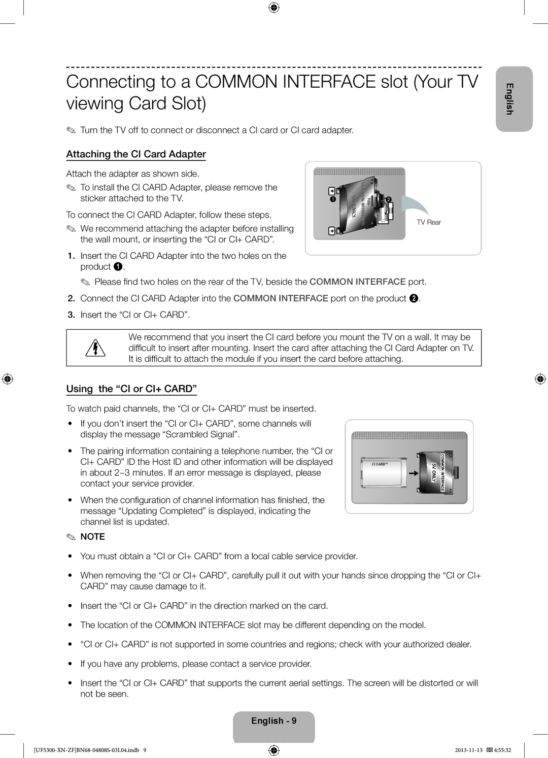 Samsung UE32F5300AWXZF manual Attaching the CI Card Adapter, Using the CI or CI+ Card 