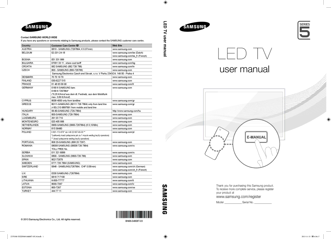 Samsung UE40F5300AWXZH, UE32F5300AWXZH manual 20 €/Anruf aus dem dt. Festnetz, aus dem Mobilfunk, BN68-04808T-03 