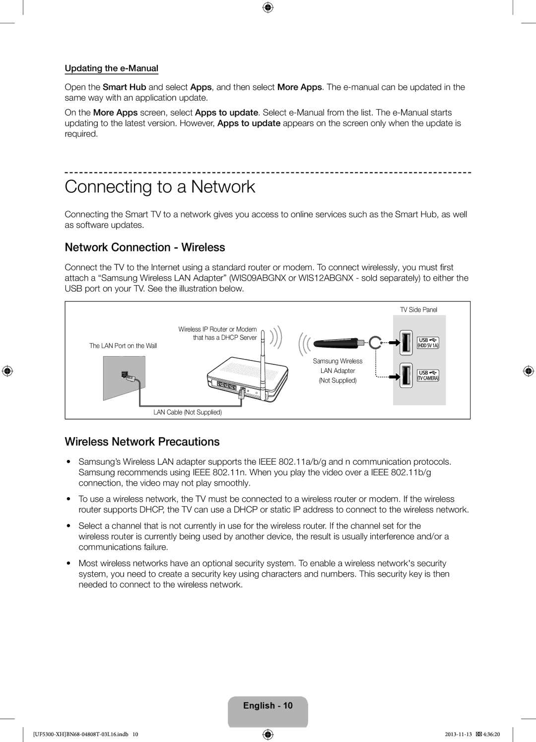 Samsung UE46F5300AWXXC Connecting to a Network, Network Connection Wireless, Wireless Network Precautions, TV Side Panel 