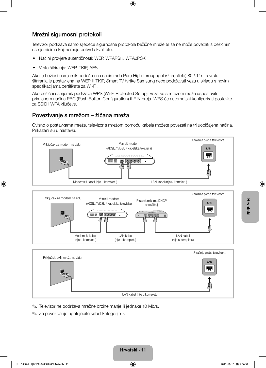 Samsung UE42F5300AWXXC, UE32F5300AWXZH, UE40F5300AWXZH manual Mrežni sigurnosni protokoli, Povezivanje s mrežom žičana mreža 