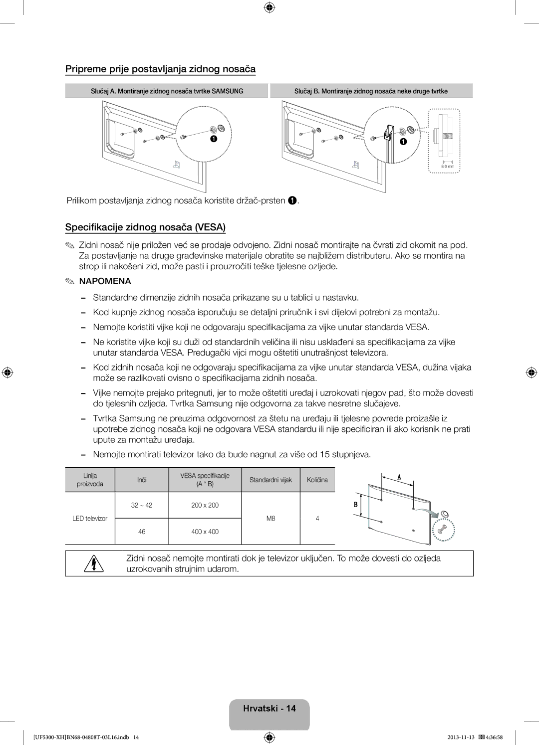 Samsung UE40F5300AWXXH, UE32F5300AWXZH manual Pripreme prije postavljanja zidnog nosača, Specifikacije zidnog nosača Vesa 