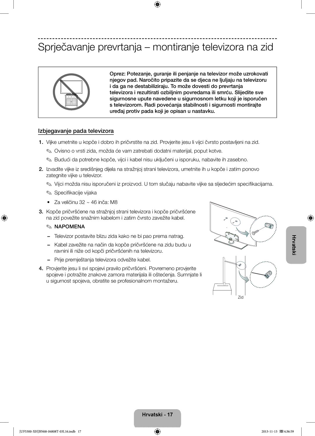 Samsung UE46F5300AWXZH manual Sprječavanje prevrtanja montiranje televizora na zid, Izbjegavanje pada televizora, Zid 