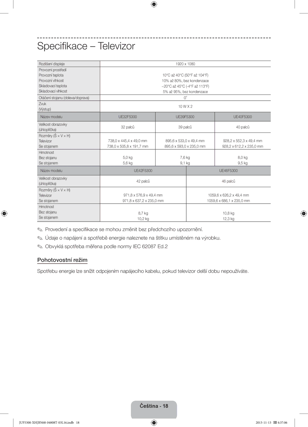 Samsung UE32F5300AWXZH, UE40F5300AWXZH, UE42F5300AWXZH, UE32F5300AWXXH manual Specifikace Televizor, Pohotovostní režim 