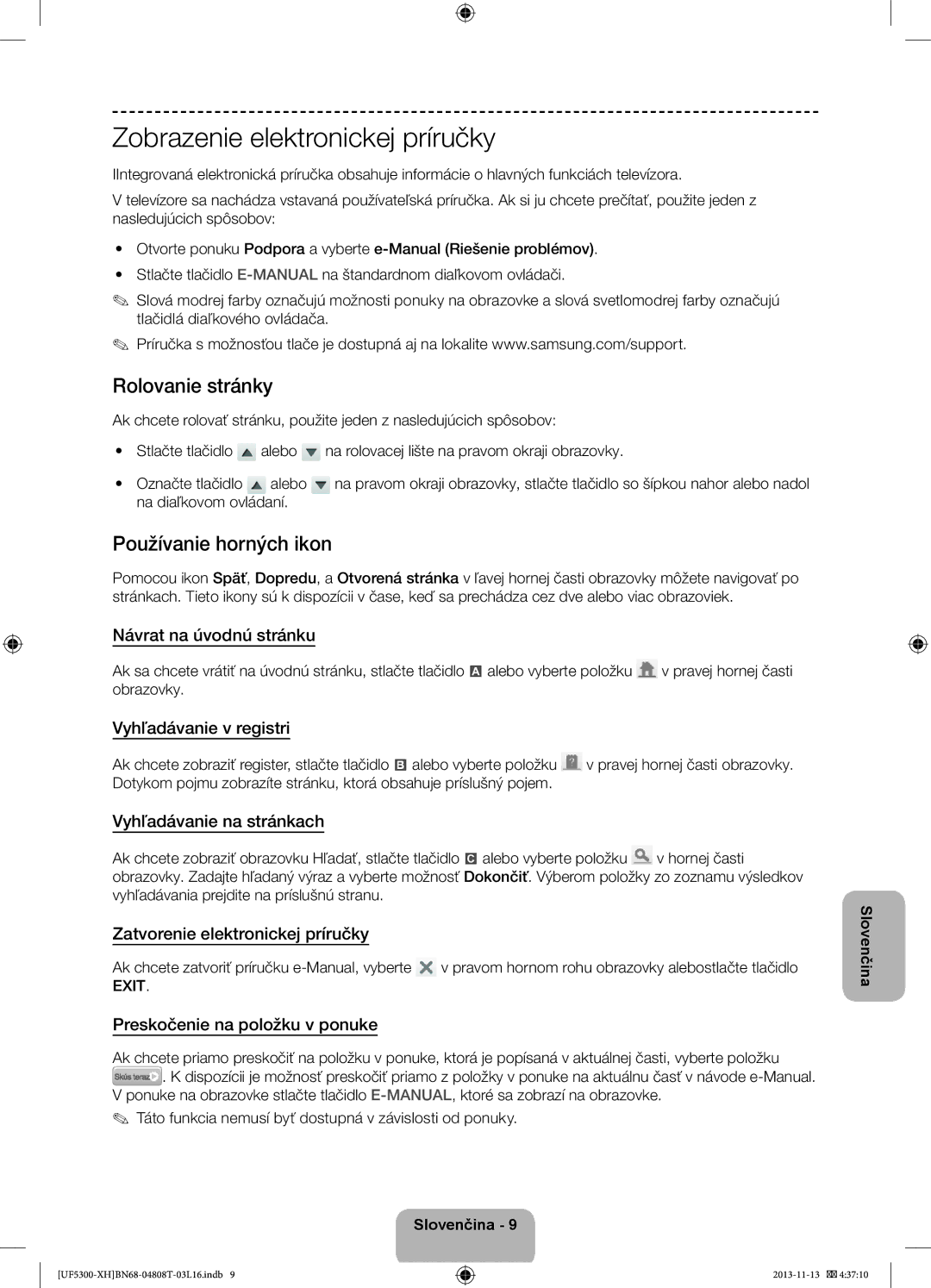 Samsung UE42F5300AWXXH, UE32F5300AWXZH manual Zobrazenie elektronickej príručky, Rolovanie stránky, Používanie horných ikon 