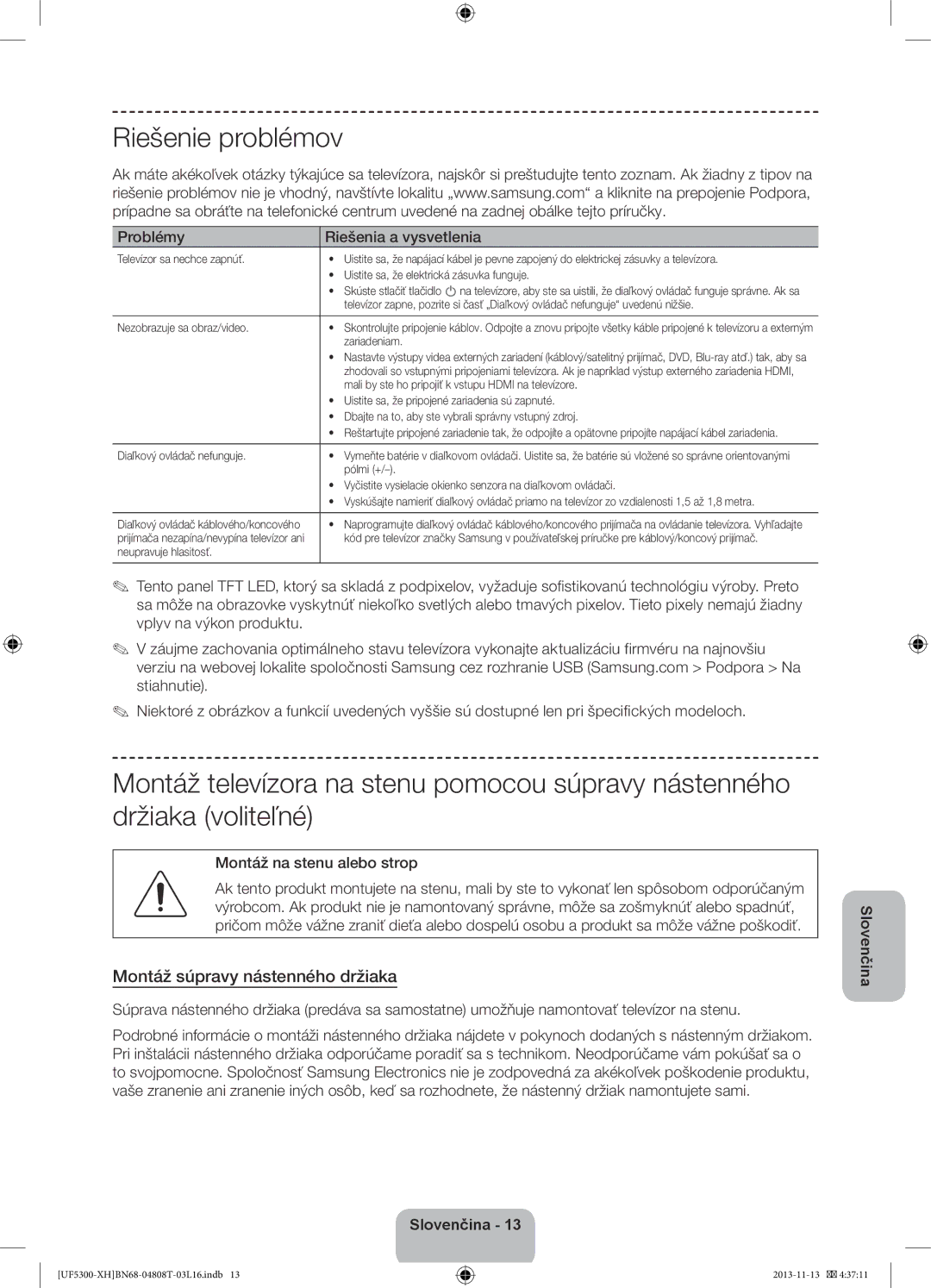 Samsung UE32F5300AWXXC manual Riešenie problémov, Montáž súpravy nástenného držiaka, Problémy Riešenia a vysvetlenia 