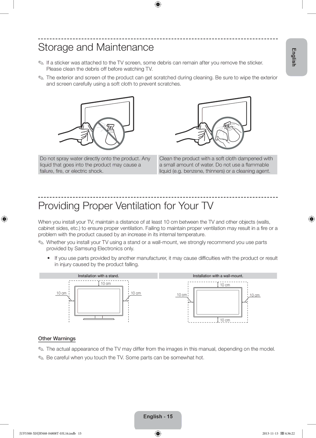 Samsung UE46F5300AWXXH Storage and Maintenance, Providing Proper Ventilation for Your TV, Installation with a stand 10 cm 