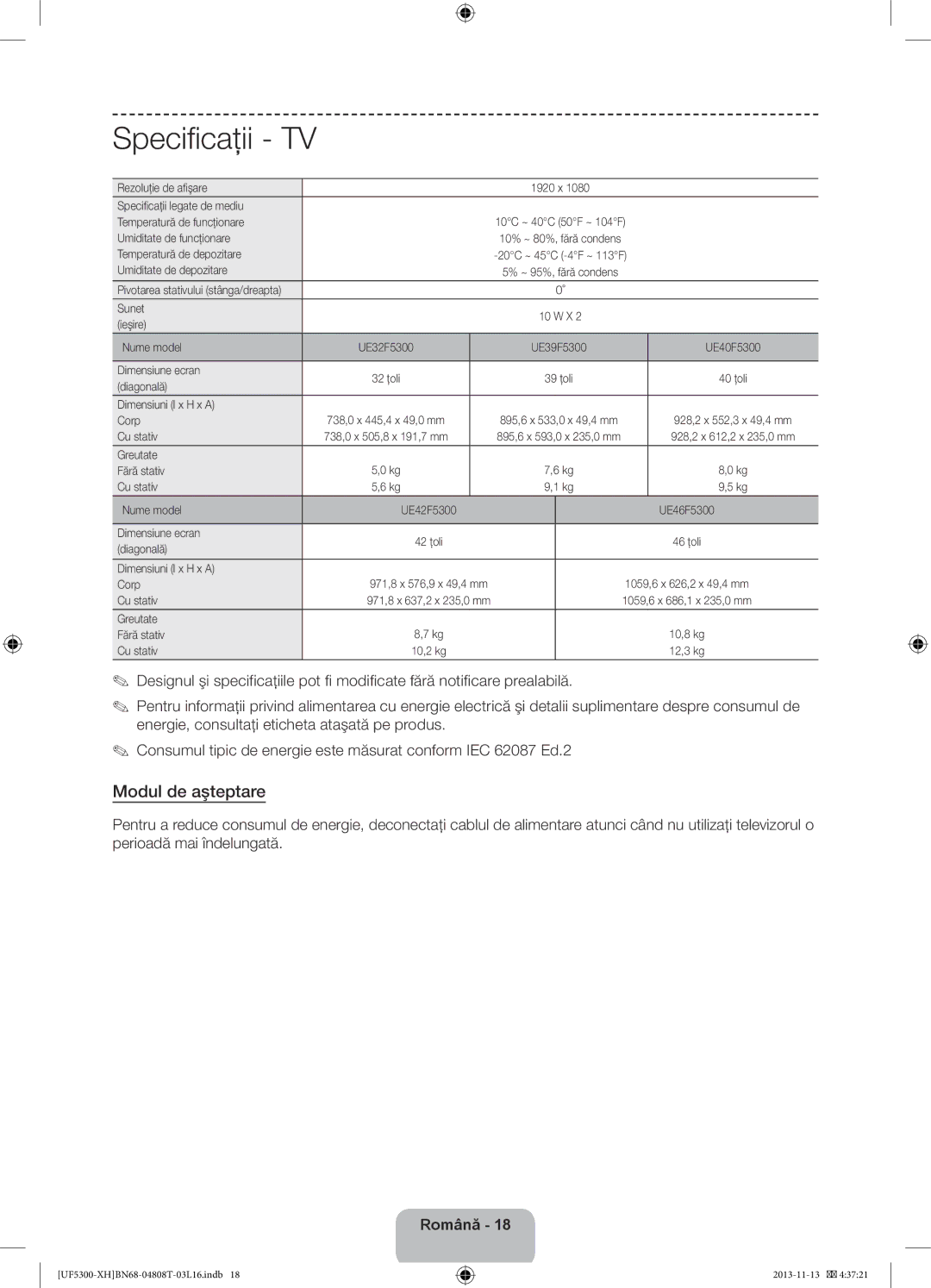 Samsung UE32F5300AWXZH, UE40F5300AWXZH, UE42F5300AWXZH, UE32F5300AWXXH, UE46F5300AWXXN manual Specificaţii, Modul de aşteptare 