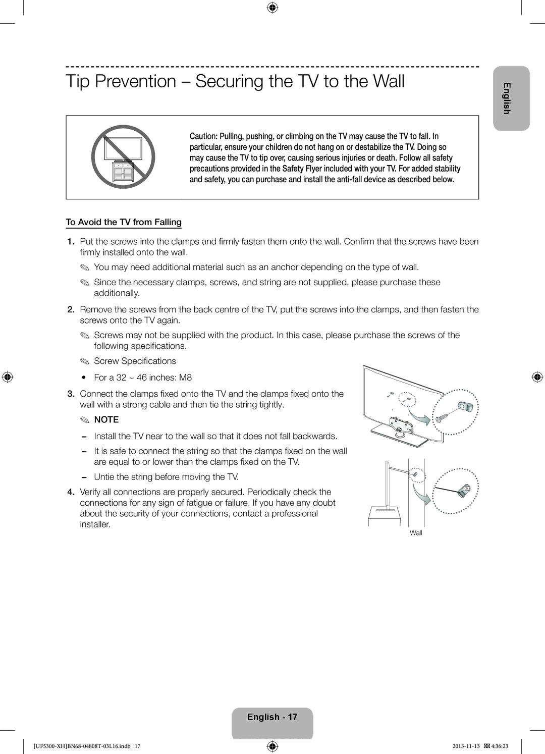 Samsung UE46F5300AWXZH, UE32F5300AWXZH, UE40F5300AWXZH, UE42F5300AWXZH manual Tip Prevention Securing the TV to the Wall 