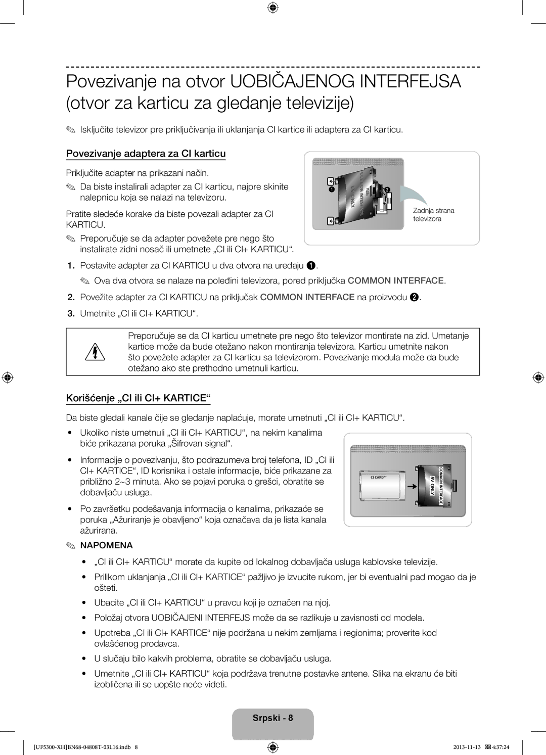 Samsung UE39F5300AWXXH manual Povezivanje adaptera za CI karticu, Korišćenje „CI ili CI+ Kartice, Zadnja strana televizora 