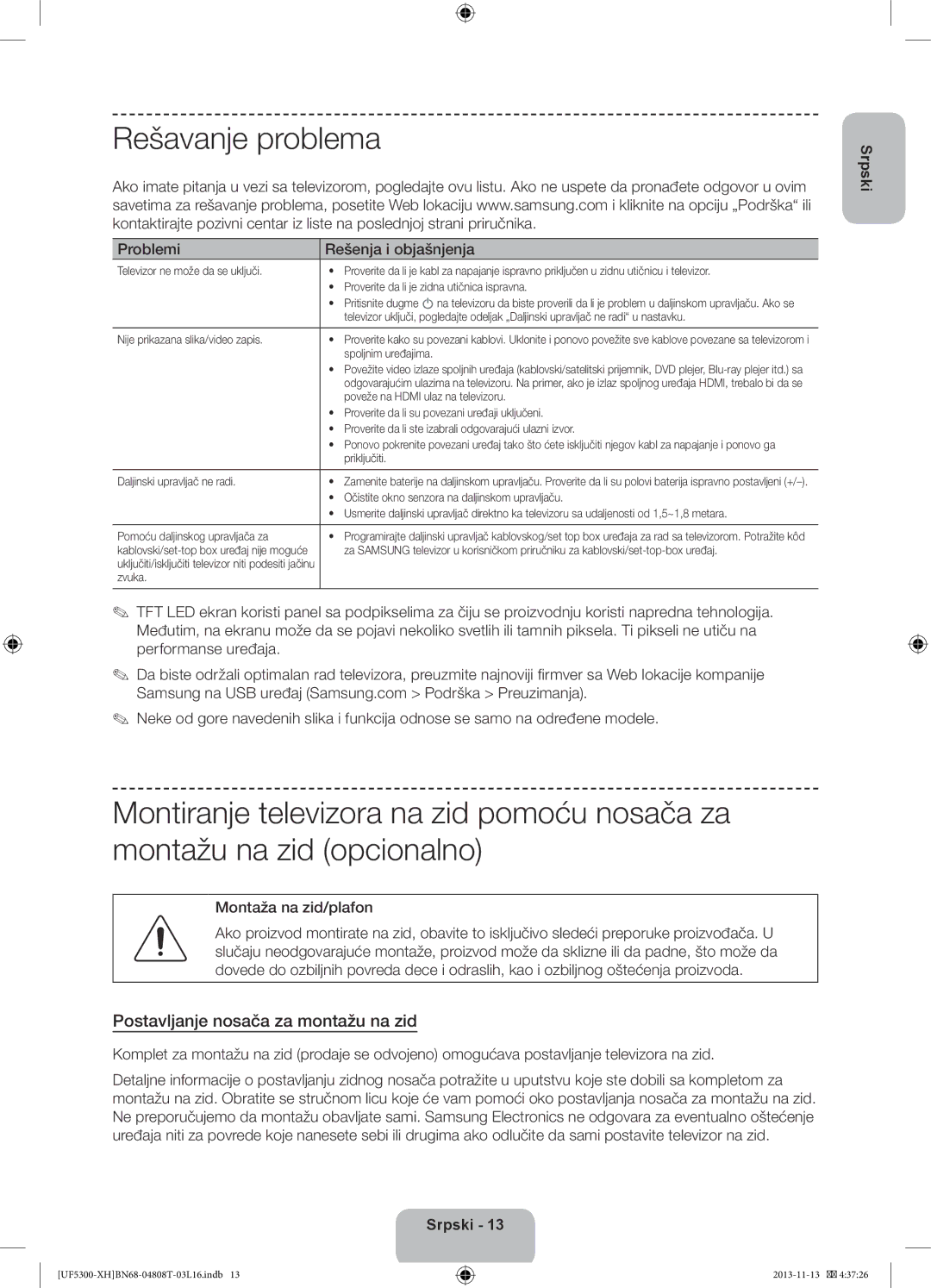 Samsung UE32F5300AWXXC manual Rešavanje problema, Postavljanje nosača za montažu na zid, Problemi Rešenja i objašnjenja 