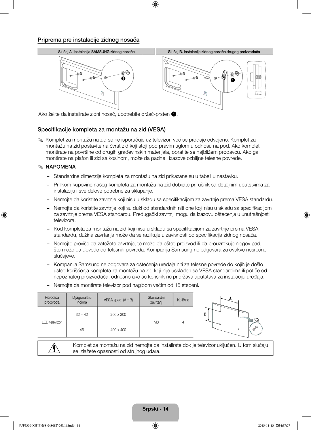 Samsung UE40F5300AWXXH manual Priprema pre instalacije zidnog nosača, Specifikacije kompleta za montažu na zid Vesa 