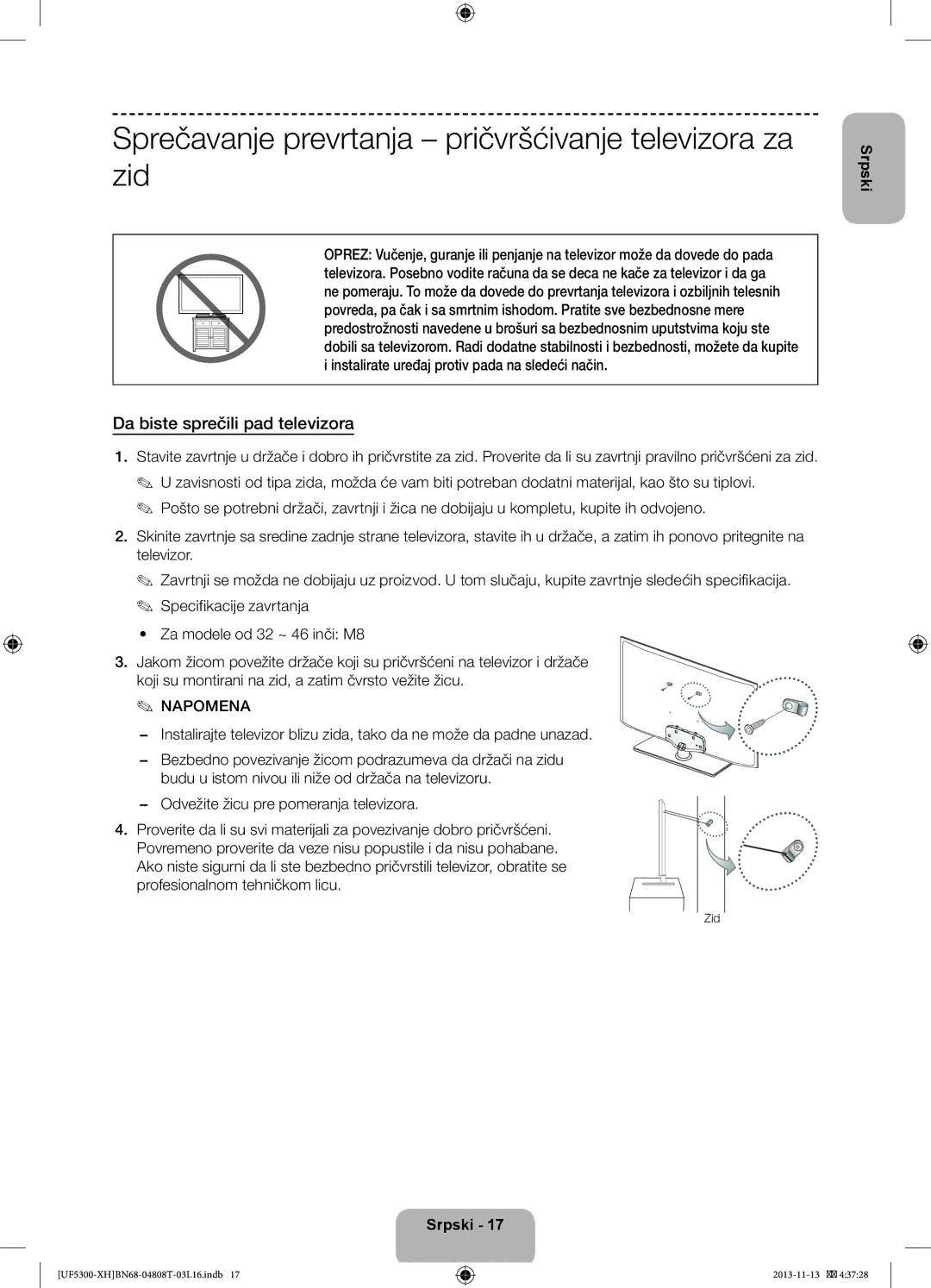 Samsung UE46F5300AWXZH manual Sprečavanje prevrtanja pričvršćivanje televizora za zid, Da biste sprečili pad televizora 