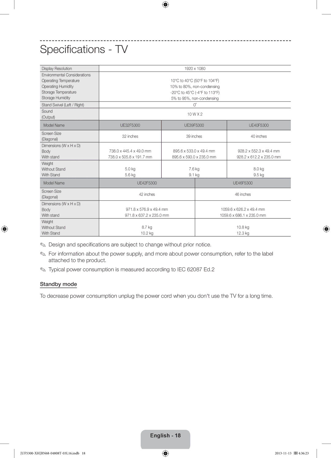 Samsung UE32F5300AWXZH, UE40F5300AWXZH, UE42F5300AWXZH, UE32F5300AWXXH, UE46F5300AWXXN, UE39F5300AWXZH manual Specifications TV 