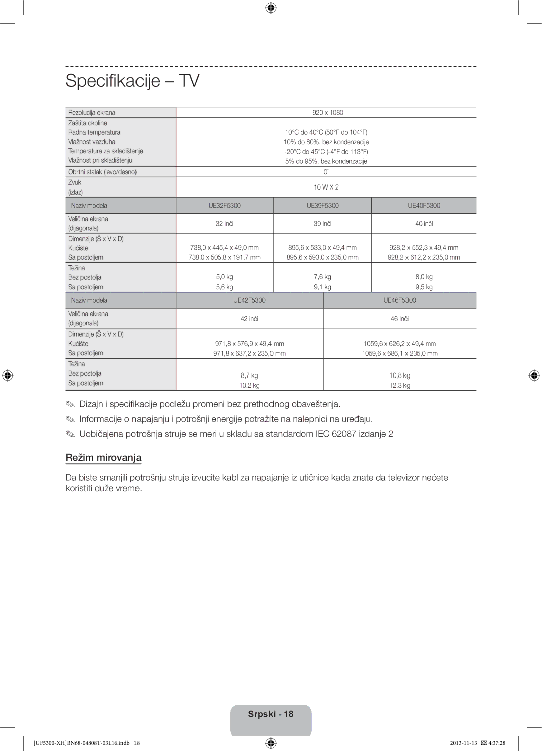 Samsung UE32F5300AWXZH, UE40F5300AWXZH, UE42F5300AWXZH, UE32F5300AWXXH, UE46F5300AWXXN, UE39F5300AWXZH manual Režim mirovanja 