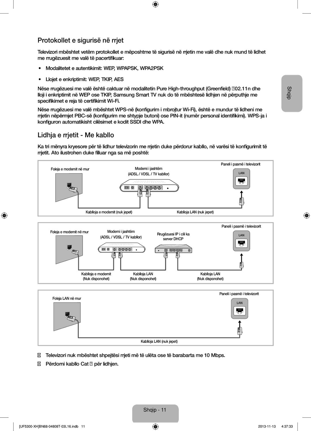 Samsung UE42F5300AWXXC, UE32F5300AWXZH, UE40F5300AWXZH manual Protokollet e sigurisë në rrjet, Lidhja e rrjetit Me kabllo 