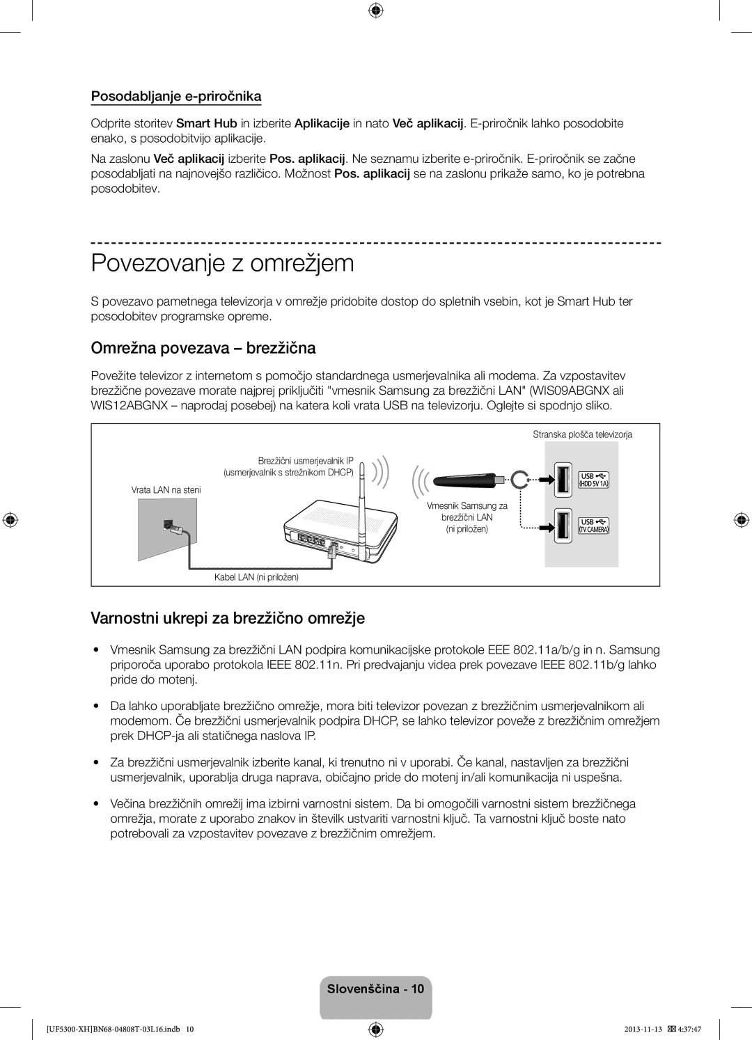 Samsung UE46F5300AWXXC manual Povezovanje z omrežjem, Omrežna povezava brezžična, Varnostni ukrepi za brezžično omrežje 