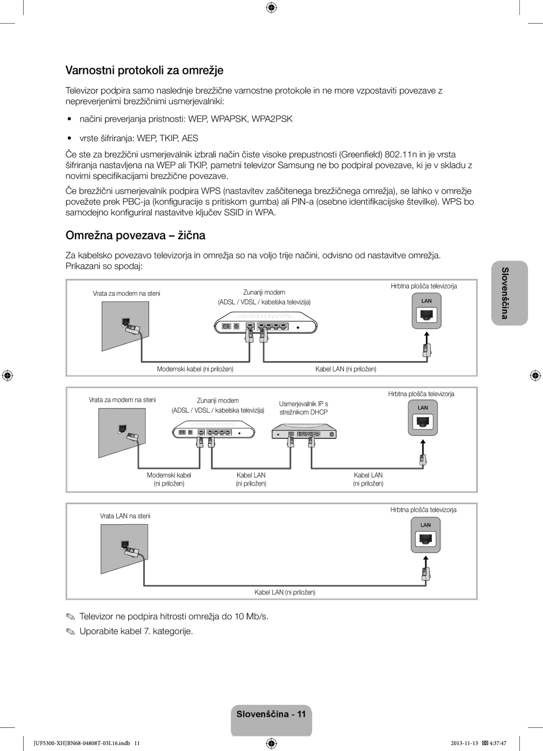 Samsung UE42F5300AWXXC, UE32F5300AWXZH, UE40F5300AWXZH manual Varnostni protokoli za omrežje, Omrežna povezava žična 