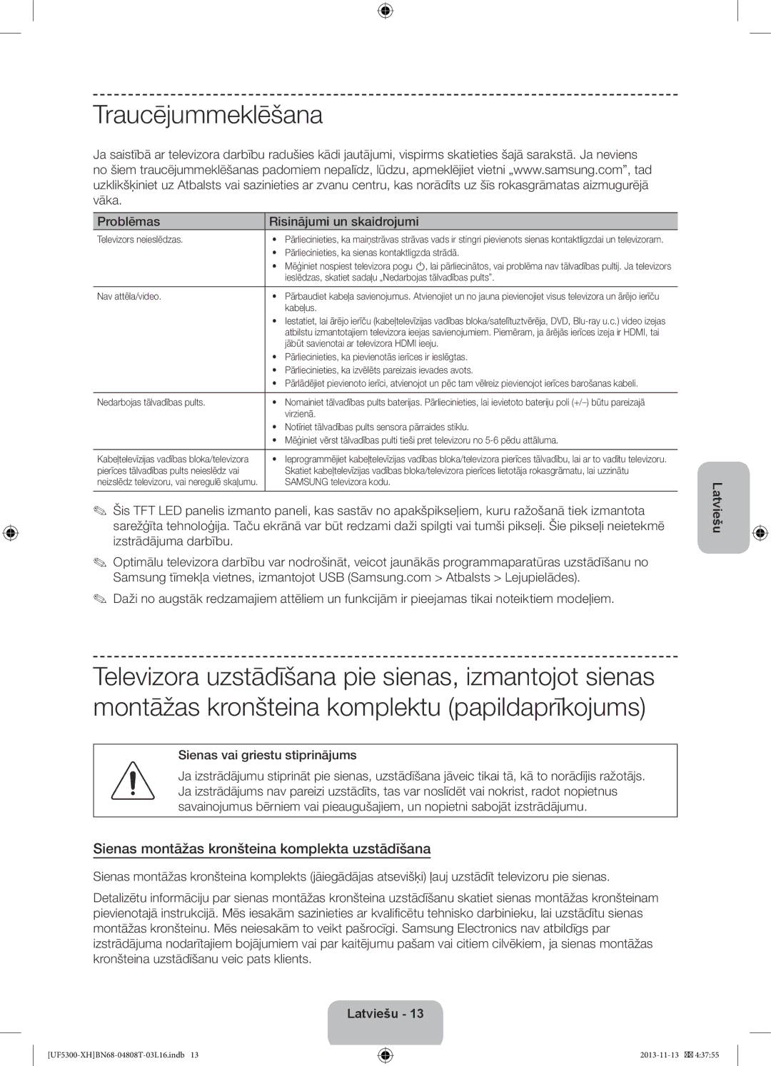 Samsung UE32F5300AWXXC, UE32F5300AWXZH, UE40F5300AWXZH Traucējummeklēšana, Sienas montāžas kronšteina komplekta uzstādīšana 