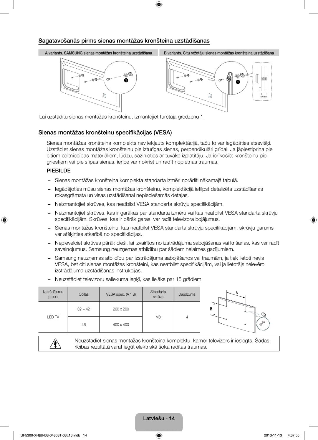 Samsung UE40F5300AWXXH, UE32F5300AWXZH, UE40F5300AWXZH manual Sagatavošanās pirms sienas montāžas kronšteina uzstādīšanas 