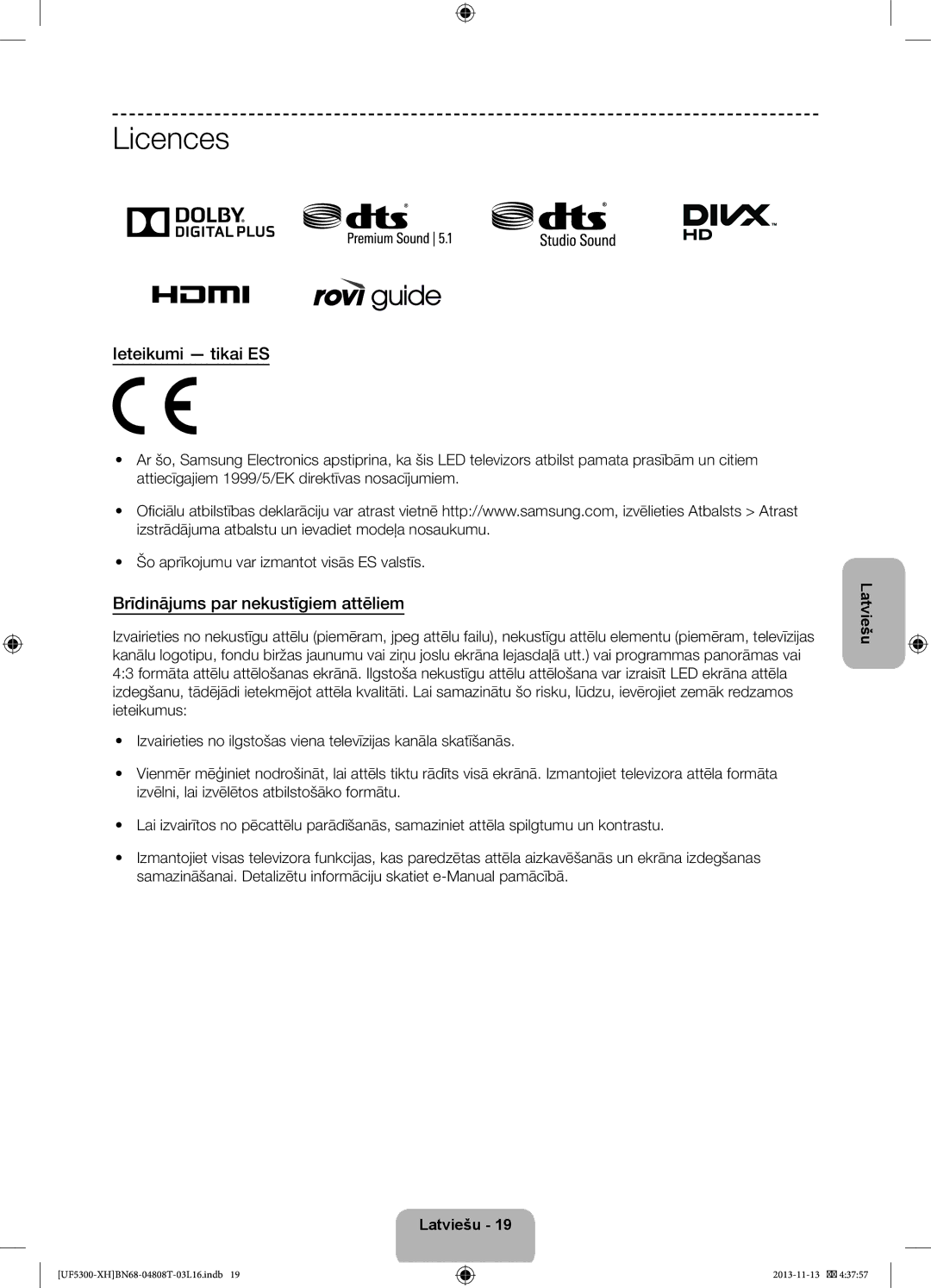 Samsung UE40F5300AWXZH, UE32F5300AWXZH, UE42F5300AWXZH manual Ieteikumi tikai ES, Brīdinājums par nekustīgiem attēliem 