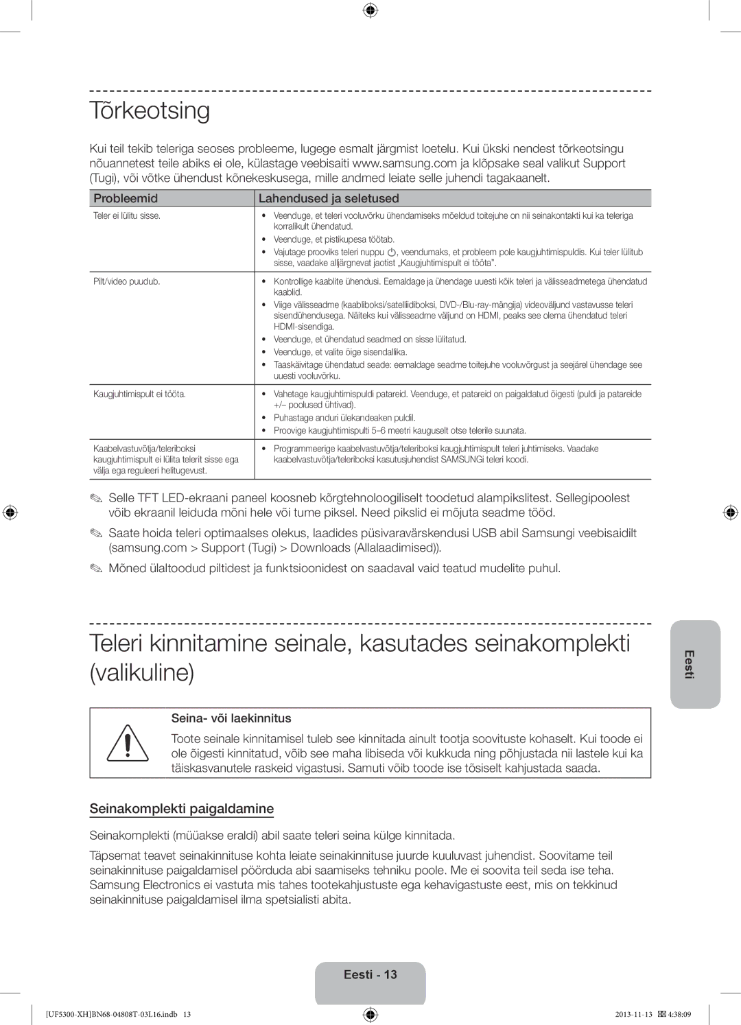 Samsung UE32F5300AWXXC, UE32F5300AWXZH manual Tõrkeotsing, Seinakomplekti paigaldamine, Probleemid Lahendused ja seletused 