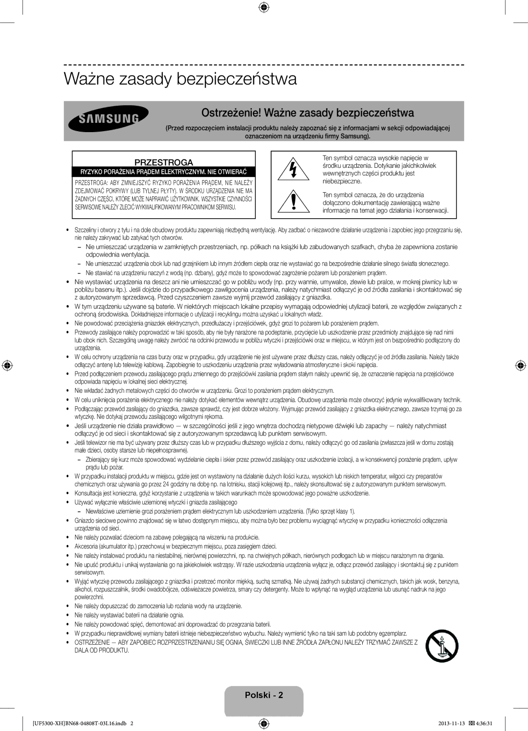 Samsung UE42F5300AWXZH, UE32F5300AWXZH, UE40F5300AWXZH manual Ostrzeżenie! Ważne zasady bezpieczeństwa, Przestroga 