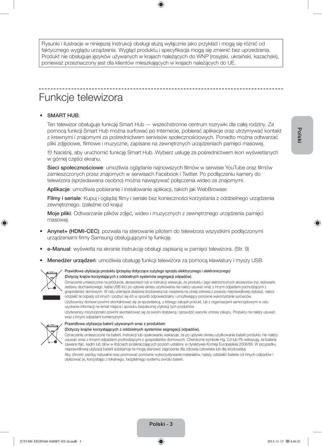 Samsung UE32F5300AWXXH, UE32F5300AWXZH, UE40F5300AWXZH, UE42F5300AWXZH, UE46F5300AWXXN manual Funkcje telewizora, Smart HUB 