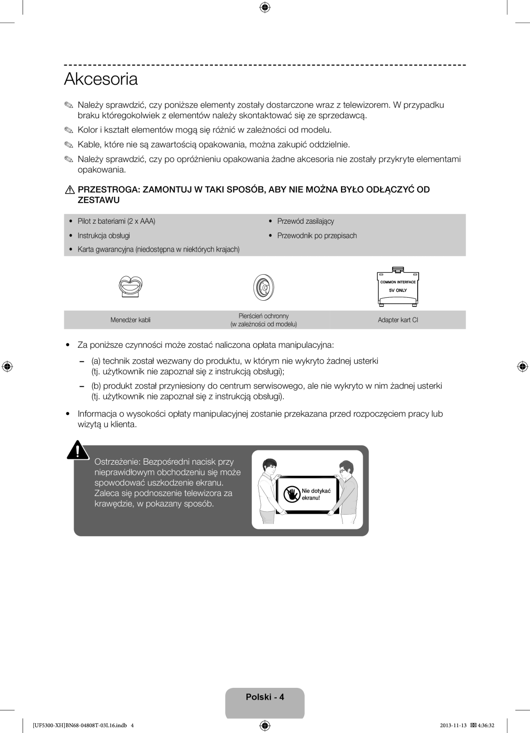 Samsung UE46F5300AWXXN, UE32F5300AWXZH manual Akcesoria, Zestawu, Menedżer kabli Pierścień ochronny Adapter kart CI 