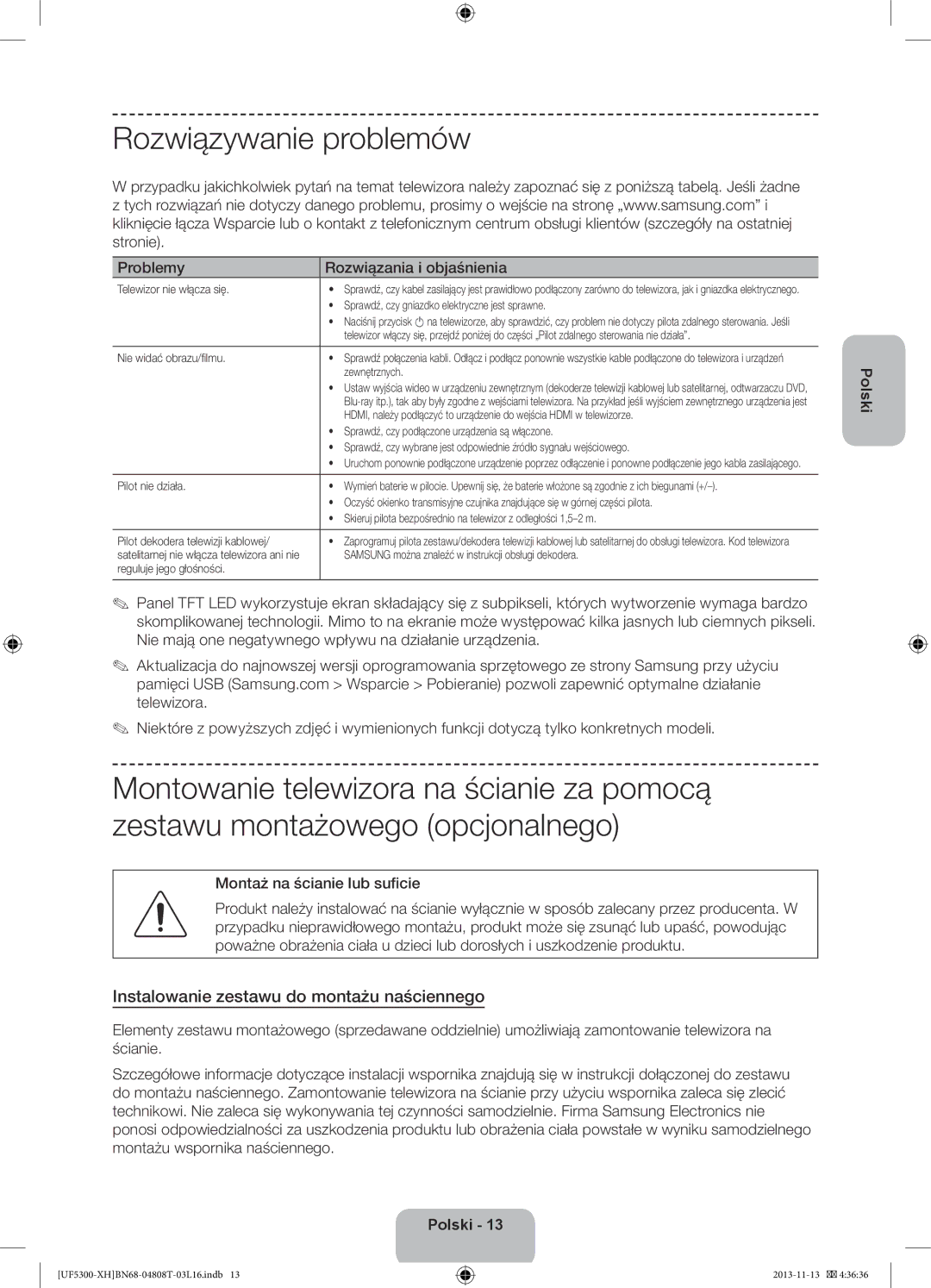 Samsung UE32F5300AWXXC Rozwiązywanie problemów, Instalowanie zestawu do montażu naściennego, Montaż na ścianie lub suficie 