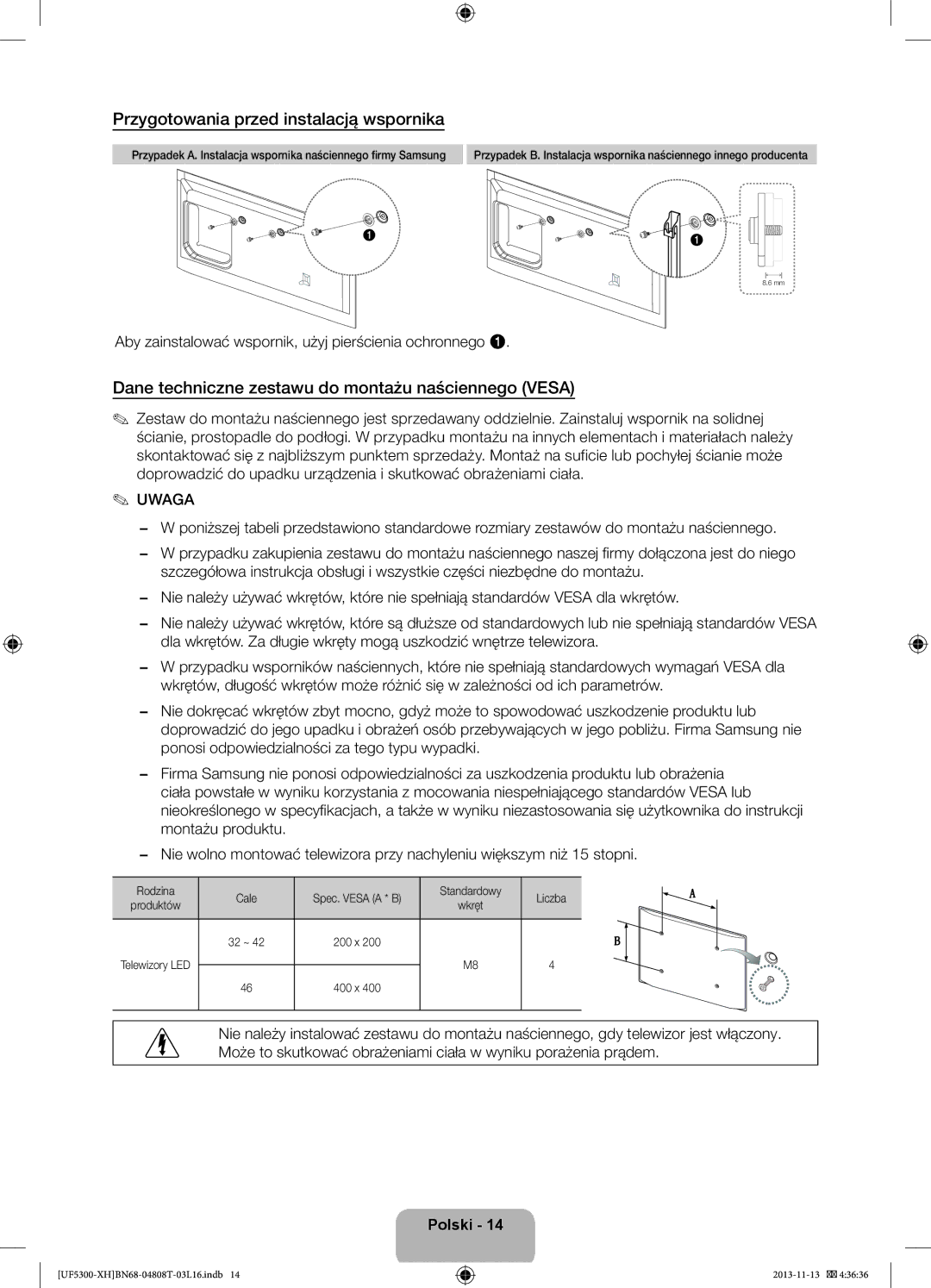 Samsung UE40F5300AWXXH manual Przygotowania przed instalacją wspornika, Dane techniczne zestawu do montażu naściennego Vesa 