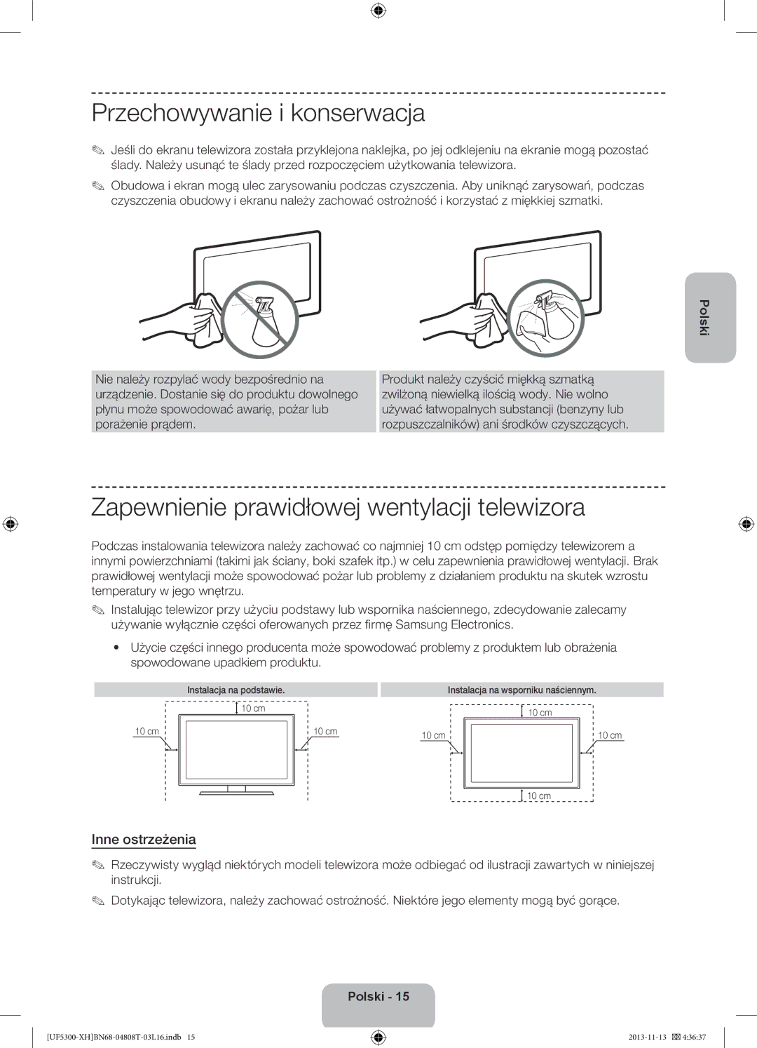 Samsung UE46F5300AWXXH manual Przechowywanie i konserwacja, Zapewnienie prawidłowej wentylacji telewizora, Inne ostrzeżenia 