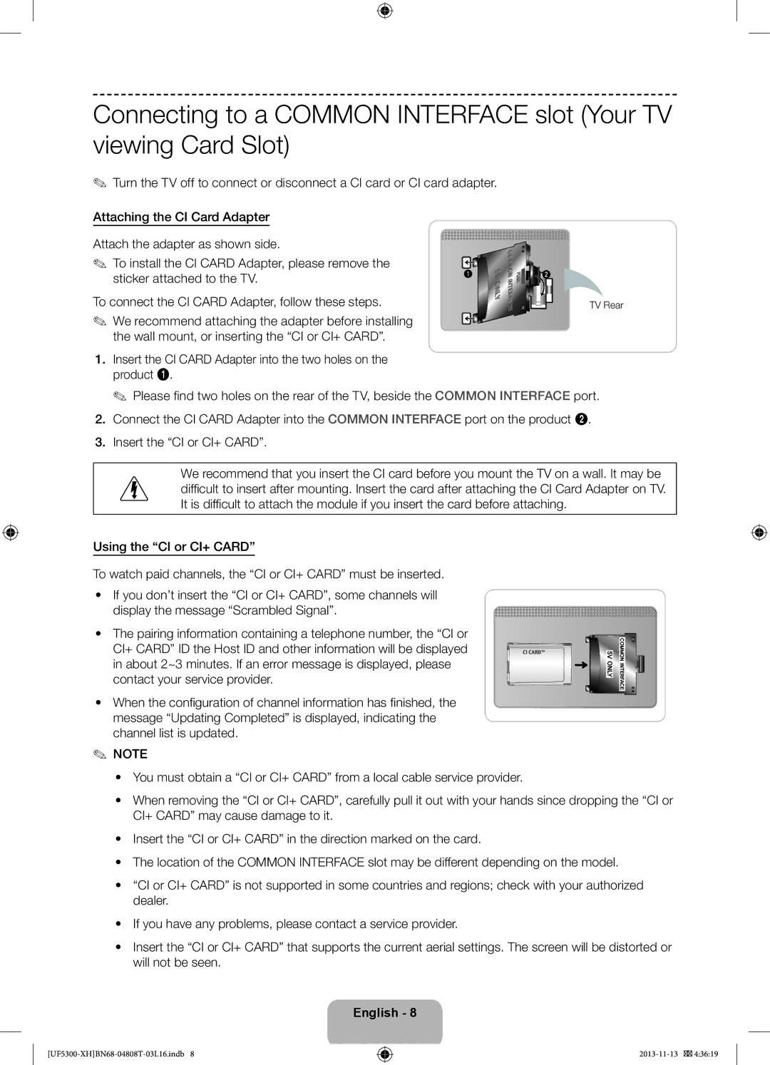 Samsung UE39F5300AWXXH, UE32F5300AWXZH manual Insert the CI Card Adapter into the two holes on the product, TV Rear 