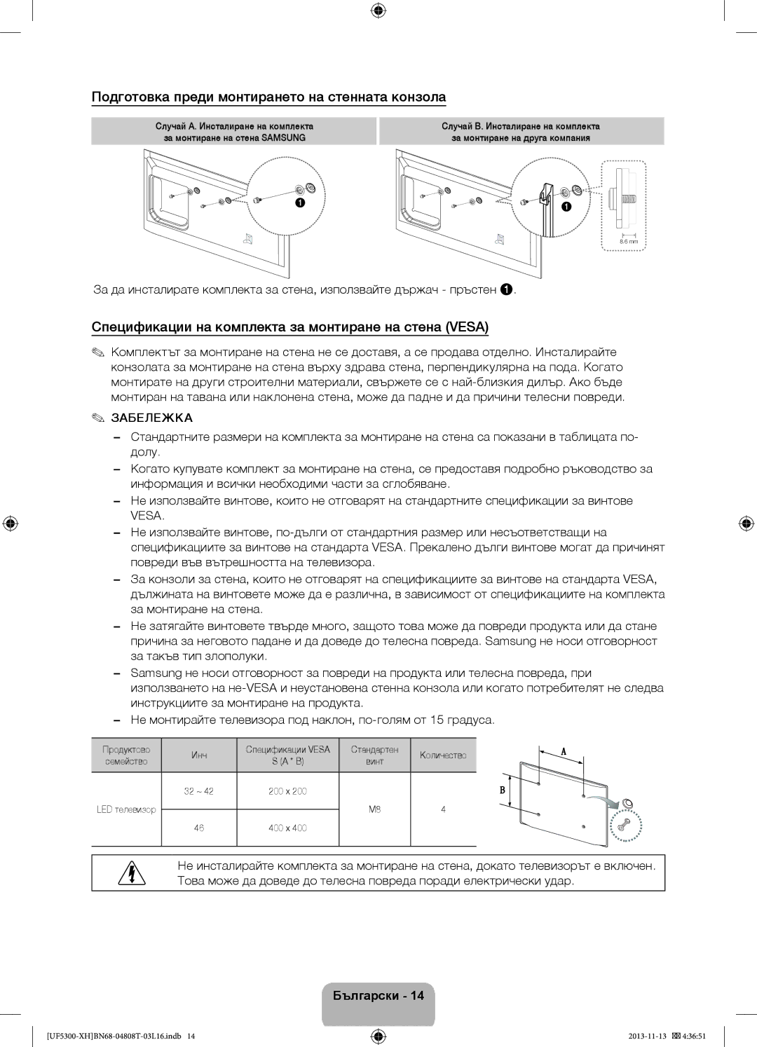 Samsung UE40F5300AWXXH, UE32F5300AWXZH, UE40F5300AWXZH, UE42F5300AWXZH manual Подготовка преди монтирането на стенната конзола 