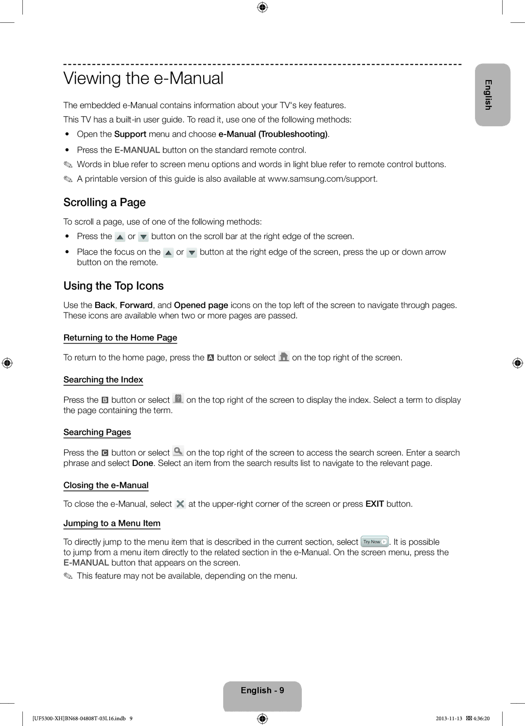 Samsung UE42F5300AWXXH, UE32F5300AWXZH manual Viewing the e-Manual, Scrolling a, Using the Top Icons, Button on the remote 