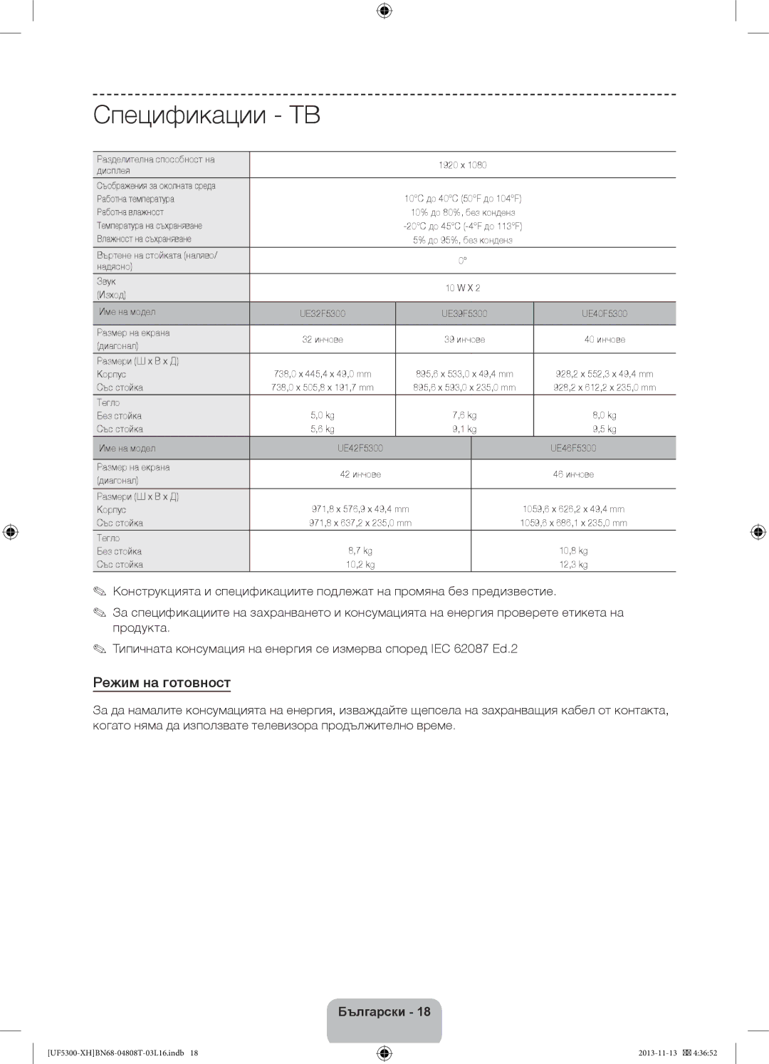 Samsung UE32F5300AWXZH, UE40F5300AWXZH, UE42F5300AWXZH, UE32F5300AWXXH, UE46F5300AWXXN Спецификации ТВ, Режим на готовност 