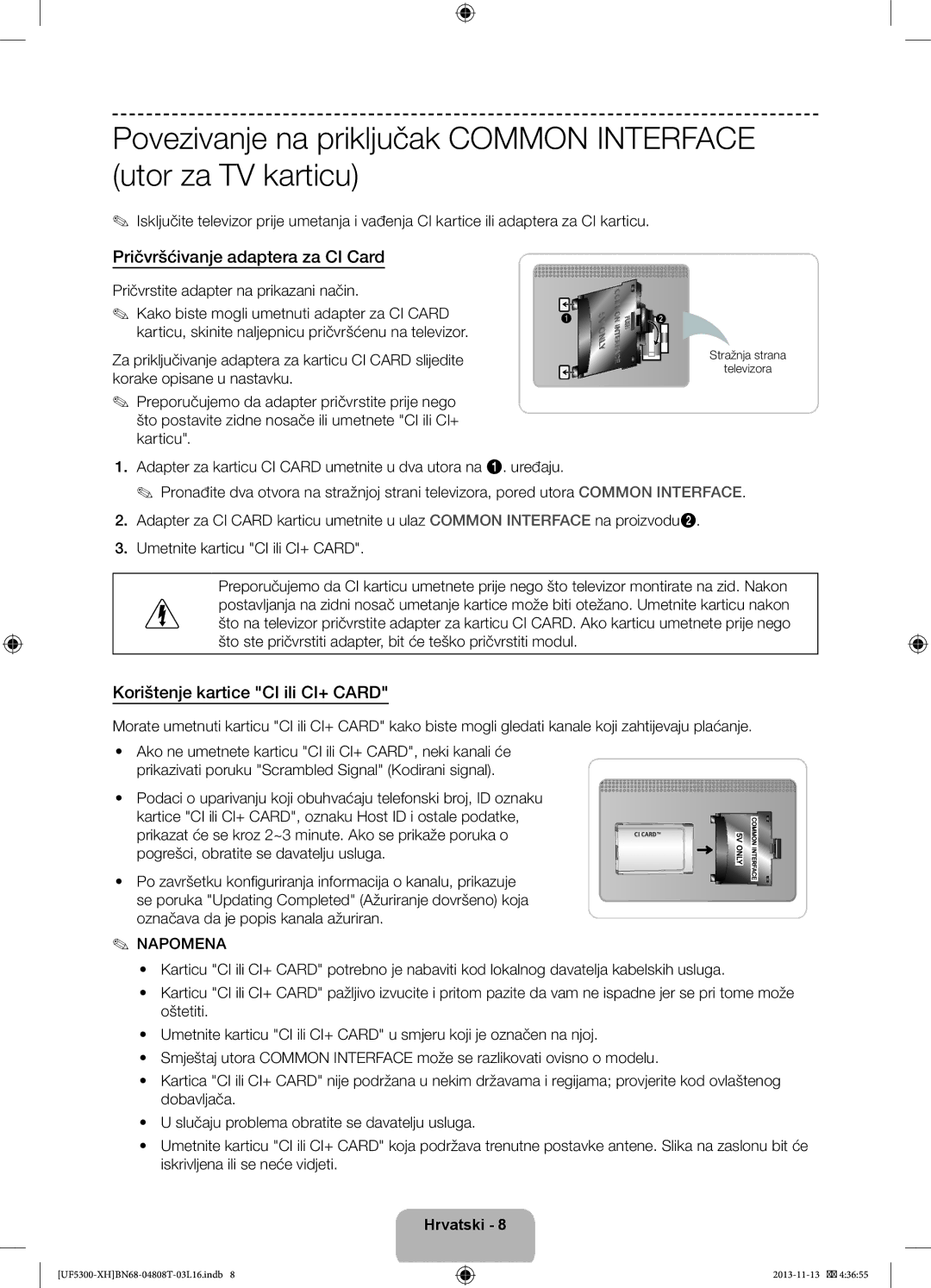 Samsung UE39F5300AWXXH Pričvršćivanje adaptera za CI Card, Korištenje kartice CI ili CI+ Card, Stražnja strana Televizora 