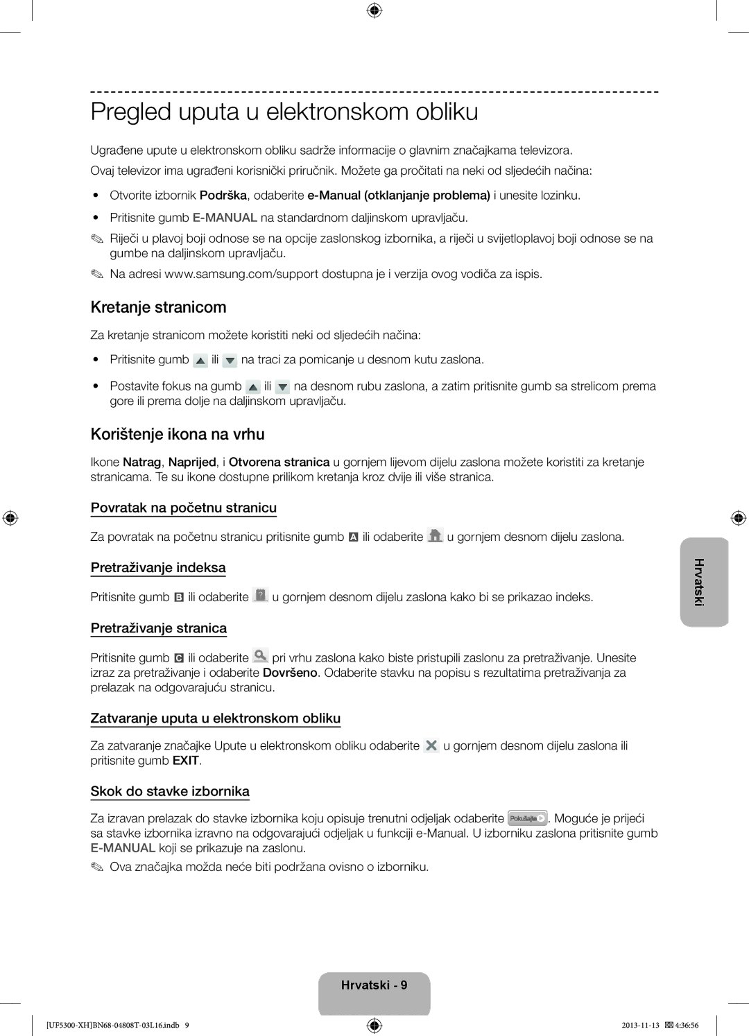 Samsung UE42F5300AWXXH, UE32F5300AWXZH Pregled uputa u elektronskom obliku, Kretanje stranicom, Korištenje ikona na vrhu 