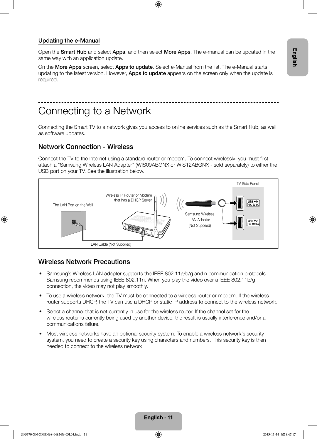 Samsung UE32F5370SSXZF Connecting to a Network, Network Connection Wireless, Wireless Network Precautions, TV Side Panel 