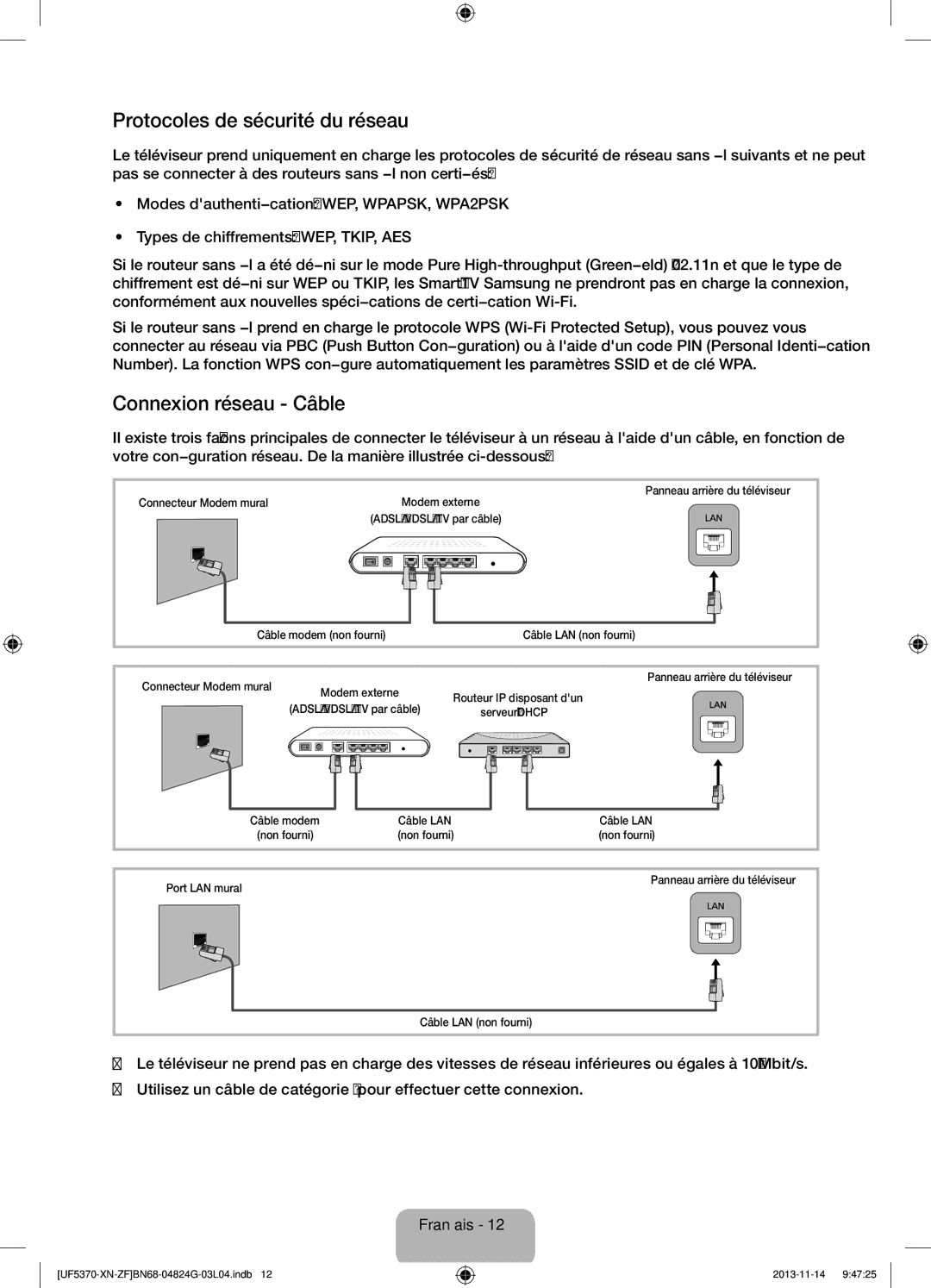 Samsung UE32F5370SSXZF manual Protocoles de sécurité du réseau, Connexion réseau Câble, Connecteur Modem mural, Câble LAN 