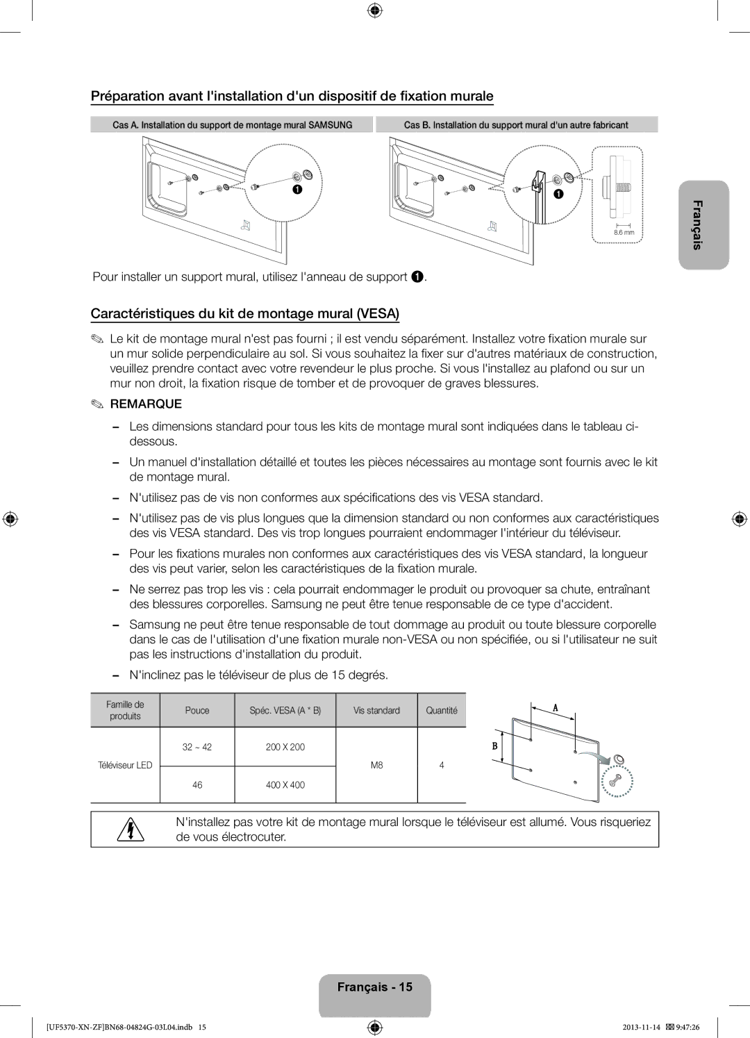 Samsung UE32F5370SSXZF manual Caractéristiques du kit de montage mural Vesa, Pouce, Vis standard 