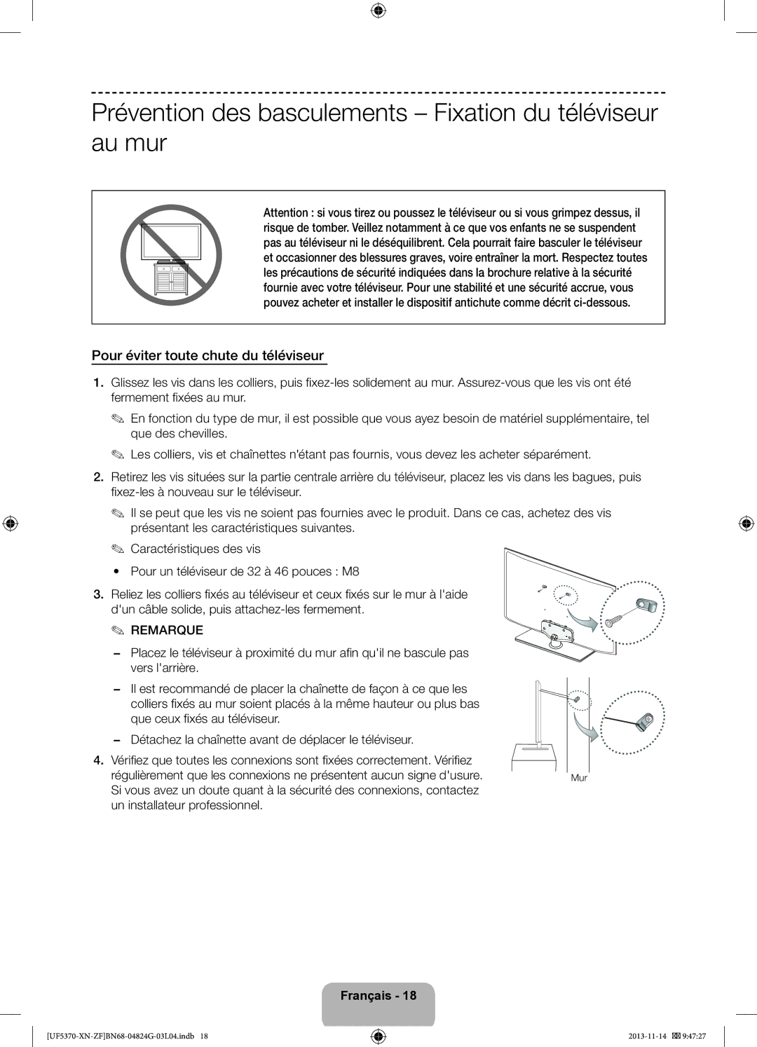 Samsung UE32F5370SSXZF Prévention des basculements Fixation du téléviseur au mur, Pour éviter toute chute du téléviseur 