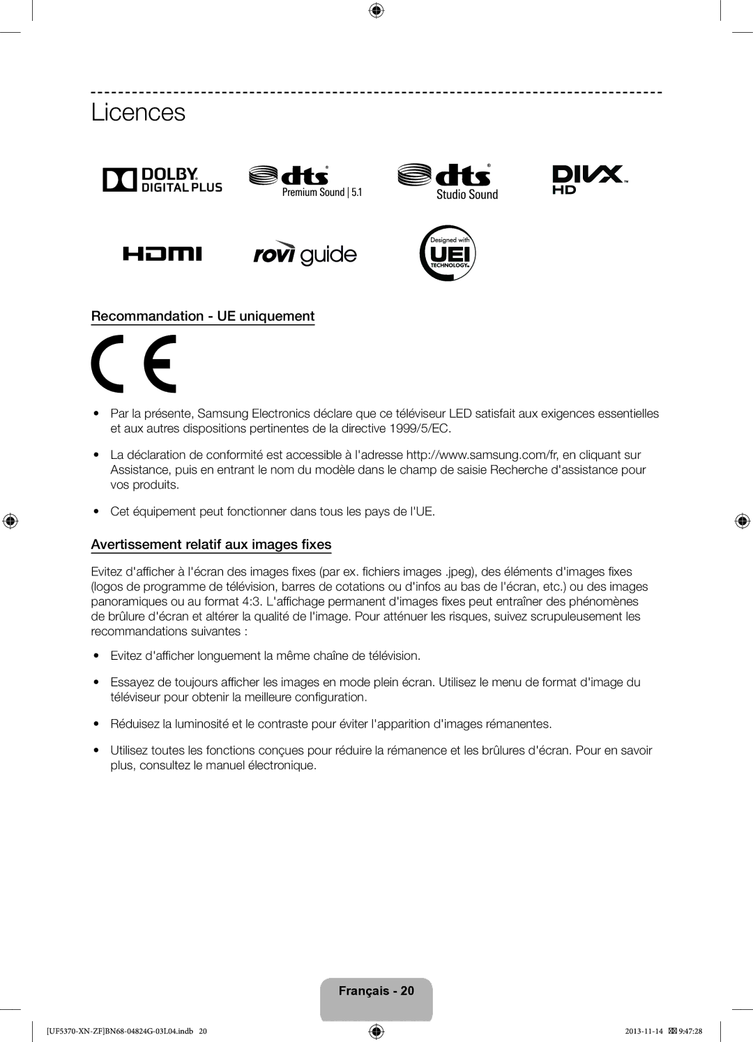 Samsung UE32F5370SSXZF manual Recommandation UE uniquement, Avertissement relatif aux images fixes 